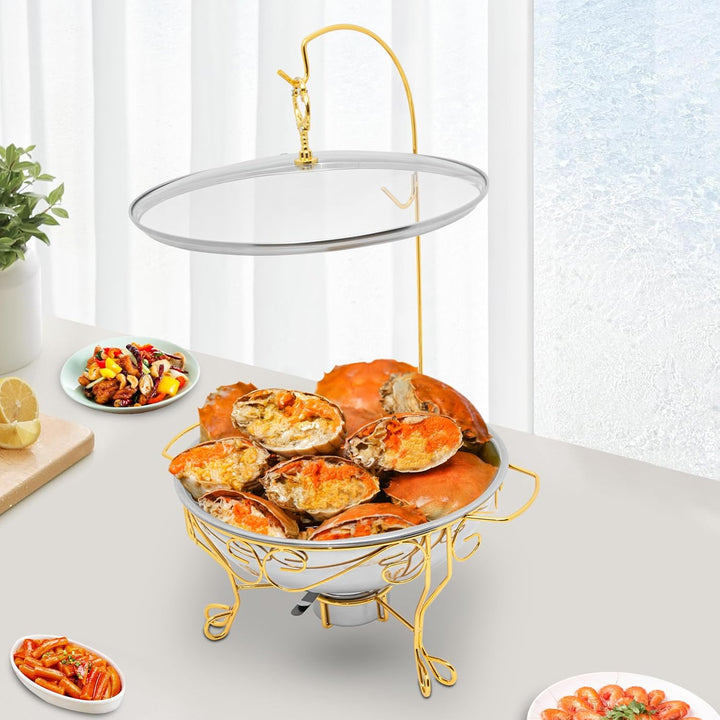 Runder Chafing Dish 6 Liter, Edelstahl Speisenwärmer mit Glasdeckel Wärmebehälter Lebensmittel Warme