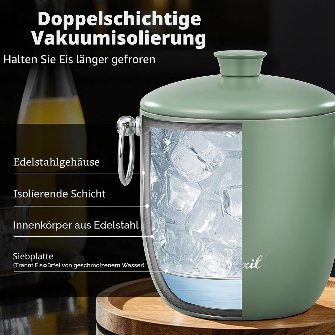 Eiskübel - 3L grosser Eiskübel für Partys & Cocktailbar, Edelstahl Eiskühler mit Deckel & Zange, Ret