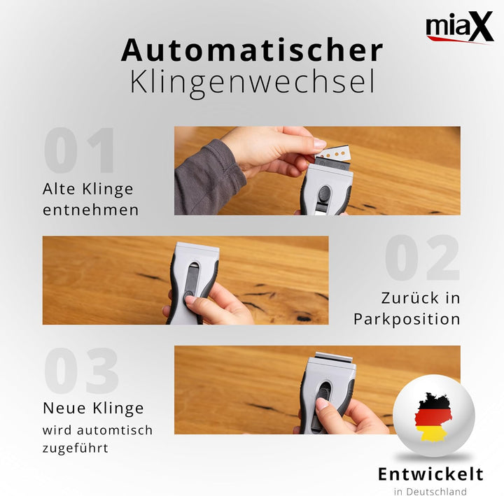 miaX Kochfeldschaber 2.0 mit automatischem Klingenwechsel & 21 Klingen | 18 Metallklingen, 3 Keramik