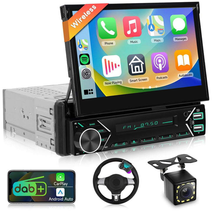 1 DIN DAB+ Autoradio mit 7" automatisch ausfahrbarem Bildschirm, Podofo Wireless CarPlay & Android A