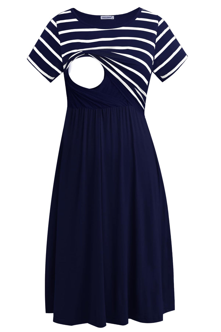 Smallshow Damen Lässiges Kurzarm Stillkleid Umstandskleid für Stillen Marine Streifen-marine M, Mari