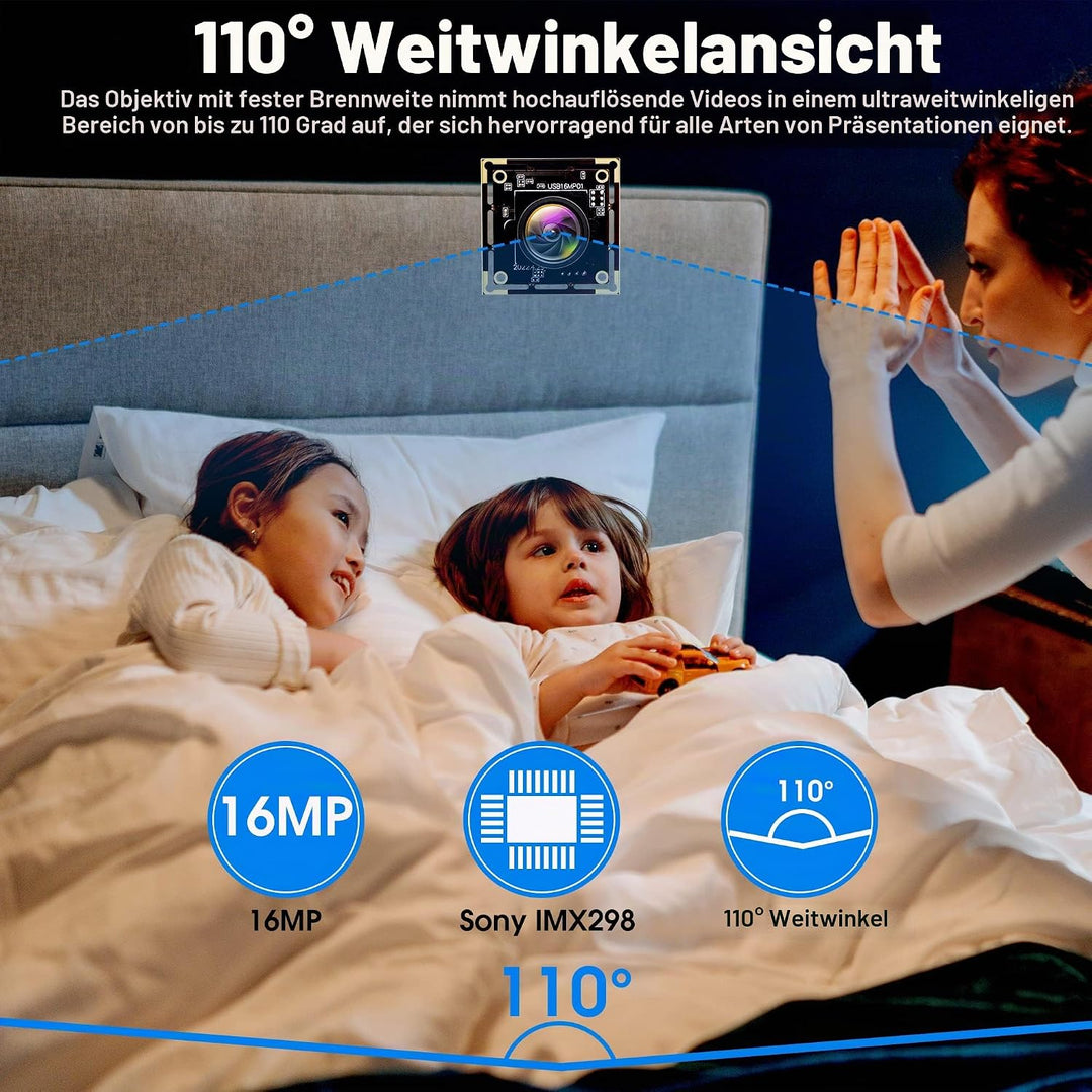 ELP 16MP USB-Kameramodul Weitwinkel 110 Grad Keine Verzerrung Objektiv Webcam, Ultra HD 3496P USB-Ka