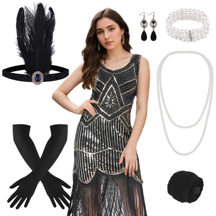 FEPITO 1920er Jahre Kleid mit V-Ausschnitt, Pailletten, Perlen und Fransen S Pure Black Gold, S Pure
