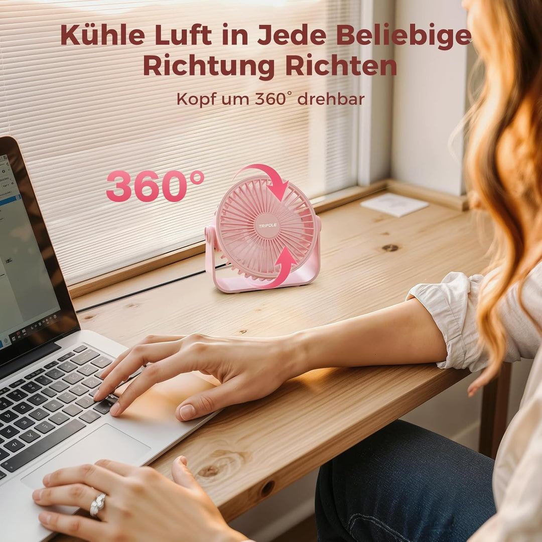 TriPole USB Tischventilator, 3 Geschwindigkeiten Starker Wind, 360° Rotation Persönlicher Ventilator