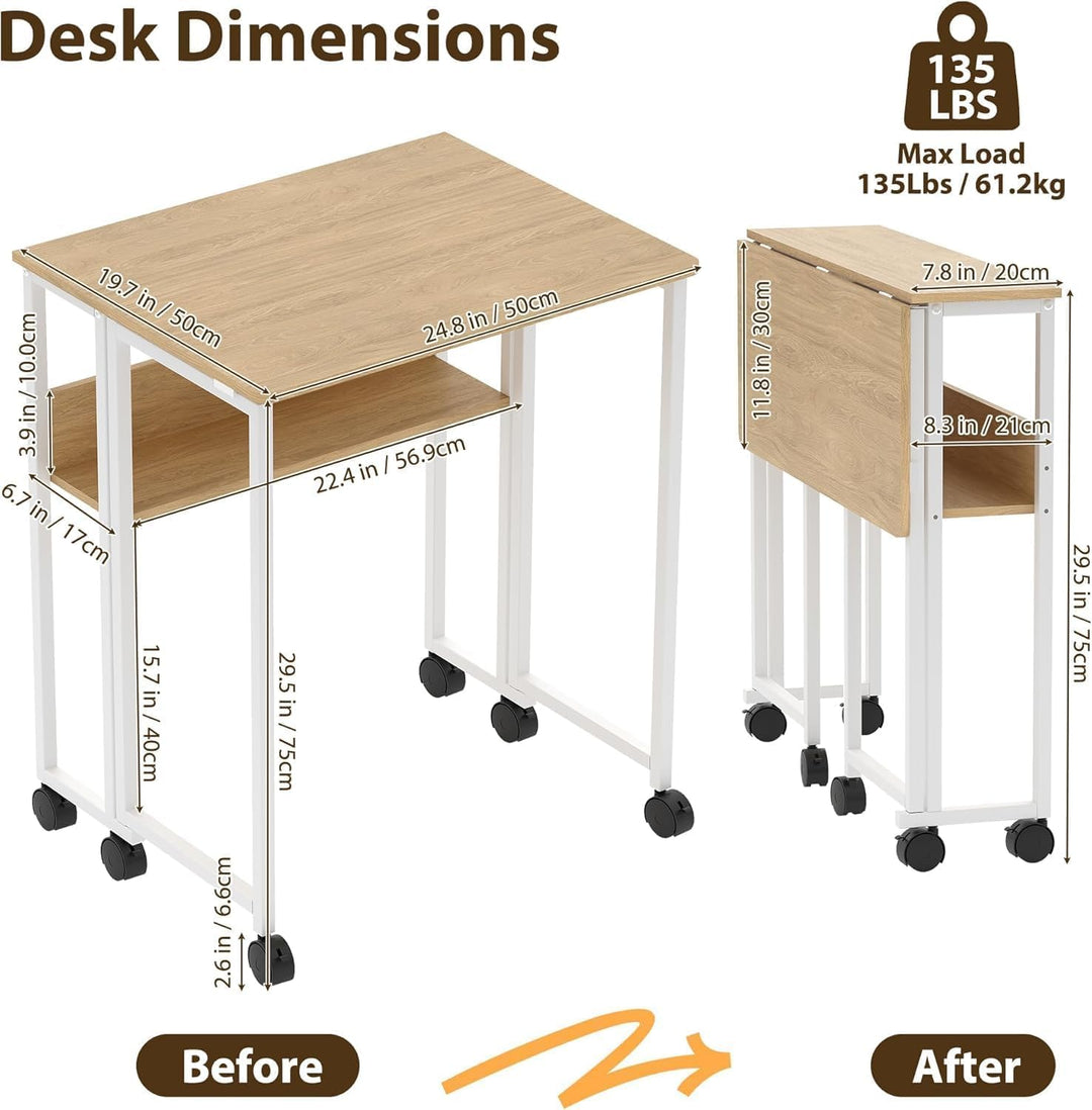 Klappbarer Schreibtisch Mit Rollen Und Stauraum, 63x50x75 cm Platzsparender Computertisch Für Home O