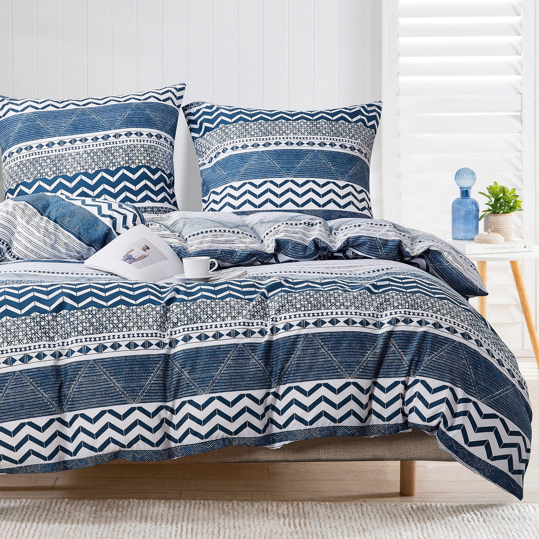 Damier Bettwäsche 135x200 Blau Weiss Geometrisch Gestreift Muster Bettbezug Set Microfaser Streifen
