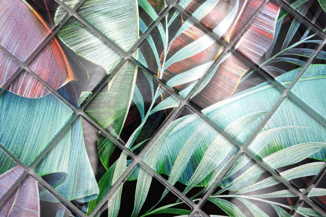 Mosaikfliese Glasmosaik Regenwald Grün Violett Blätter Optik Küchenrückwand Duschwand | 10 Mosaikmat
