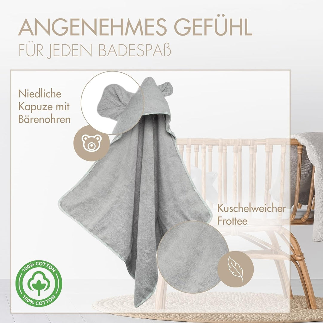 MOYO Kapuzenhandtuch mit Ohren in Grau I 75x75cm I Kleinkind & Baby Badeponcho aus 100% Frottee-Baum