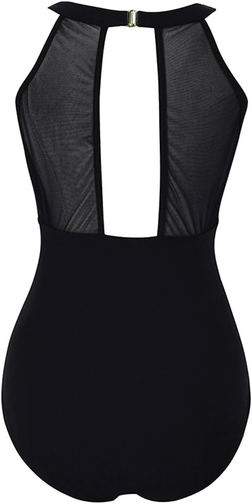 VILOREE Damen Schlankheits Badeanzug Raffung Einteiler High Neck Bademode Strandmode M Schwarz, M Sc