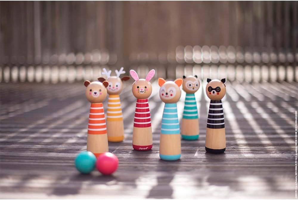 Janod - My First Happy Garden Kegelspiel, Kinderspiel für draussen, 6 Kegel und 2 Holzkugeln, ab 3 J