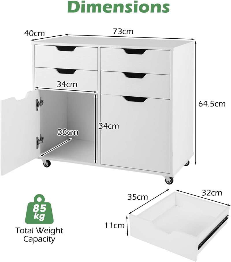 KOMFOTTEU Aktenschrank mit 5 Rollen, Rollcontainer mit 4 Schubladen & 2 Schränken mit Türen, Bürocon