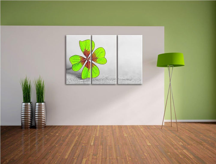Einzelnes grünes Kleeblatt3-Teiler Leinwandbild 120x80 Bild auf Leinwand, XXL riesige Bilder fertig