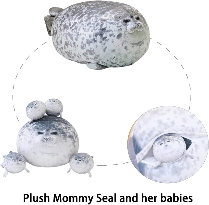SQEQE Chubby Seal Pillow Plush with 4 Baby Seal Plushies in her Tummy, Stuffed Cotton Plush Animal T
