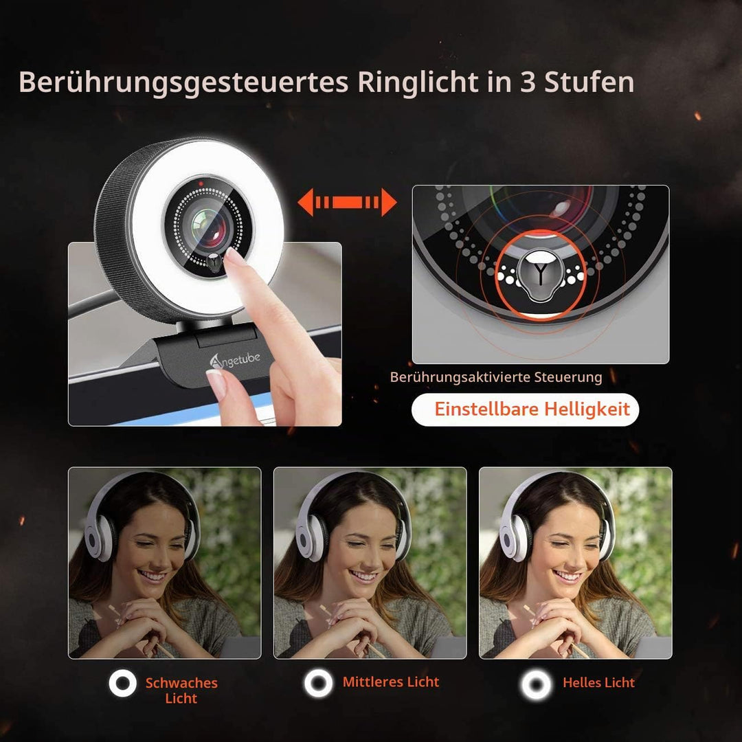 Angetube Streaming HD Webcam 1080P mit Lichtring, 967 USB PC Autofokus Webcam mit dualem Mikrofon, V