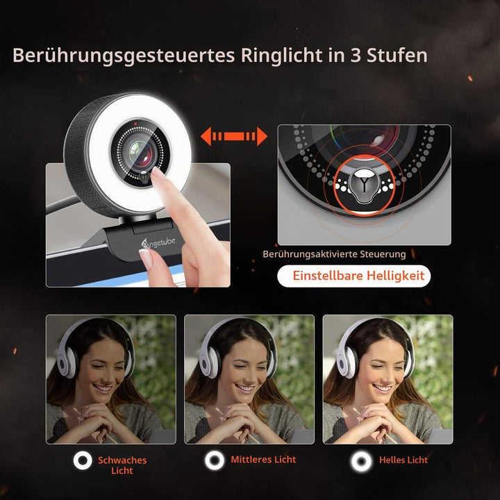 Angetube Streaming HD Webcam 1080P mit Lichtring, 967 USB PC Autofokus Webcam mit dualem Mikrofon, V