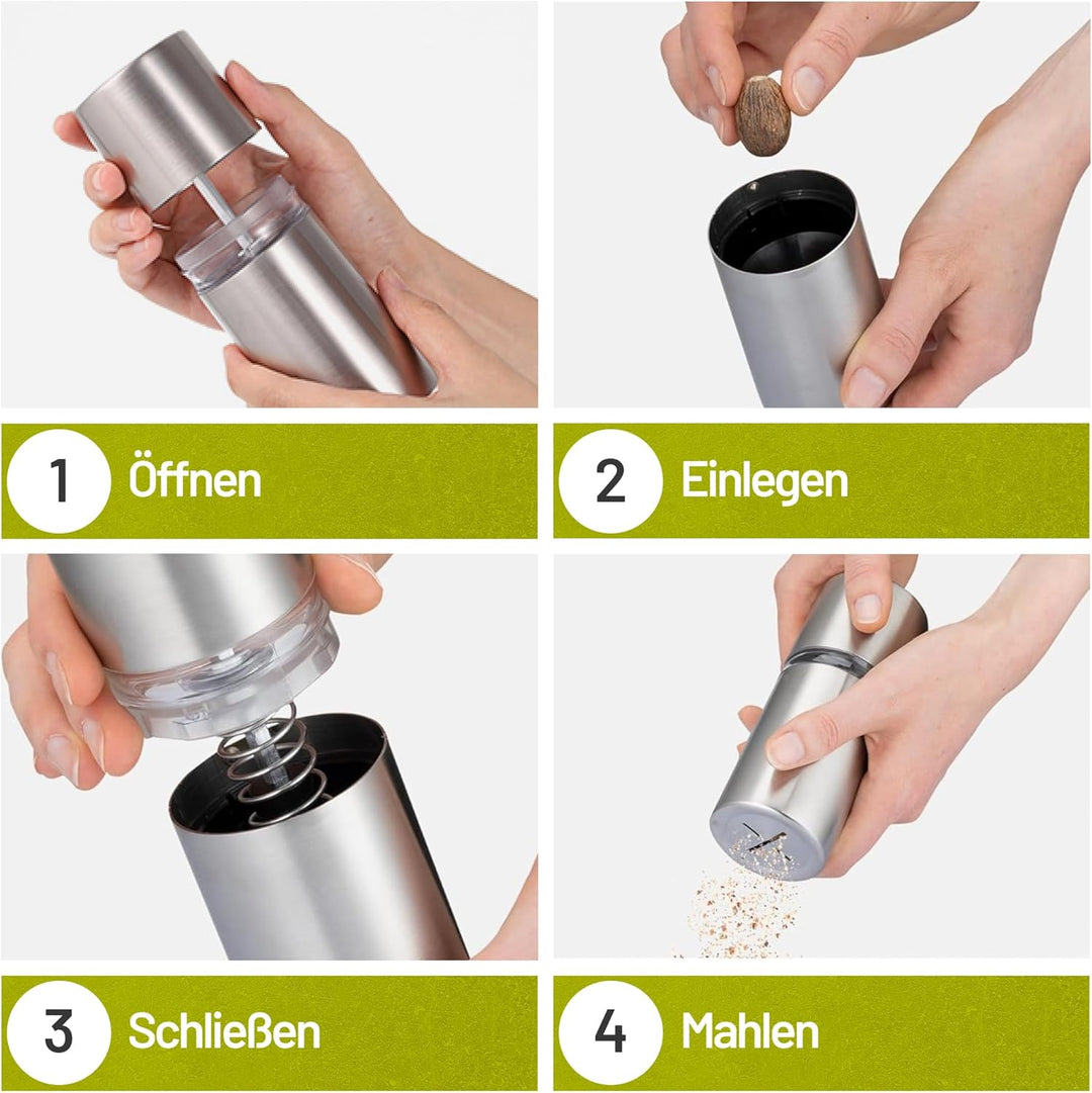 Muskatnuss Mühle mit Vorratsbehälter I Extra scharfes Mahlwerk für feinstes Muskatpulver I Muskatmüh