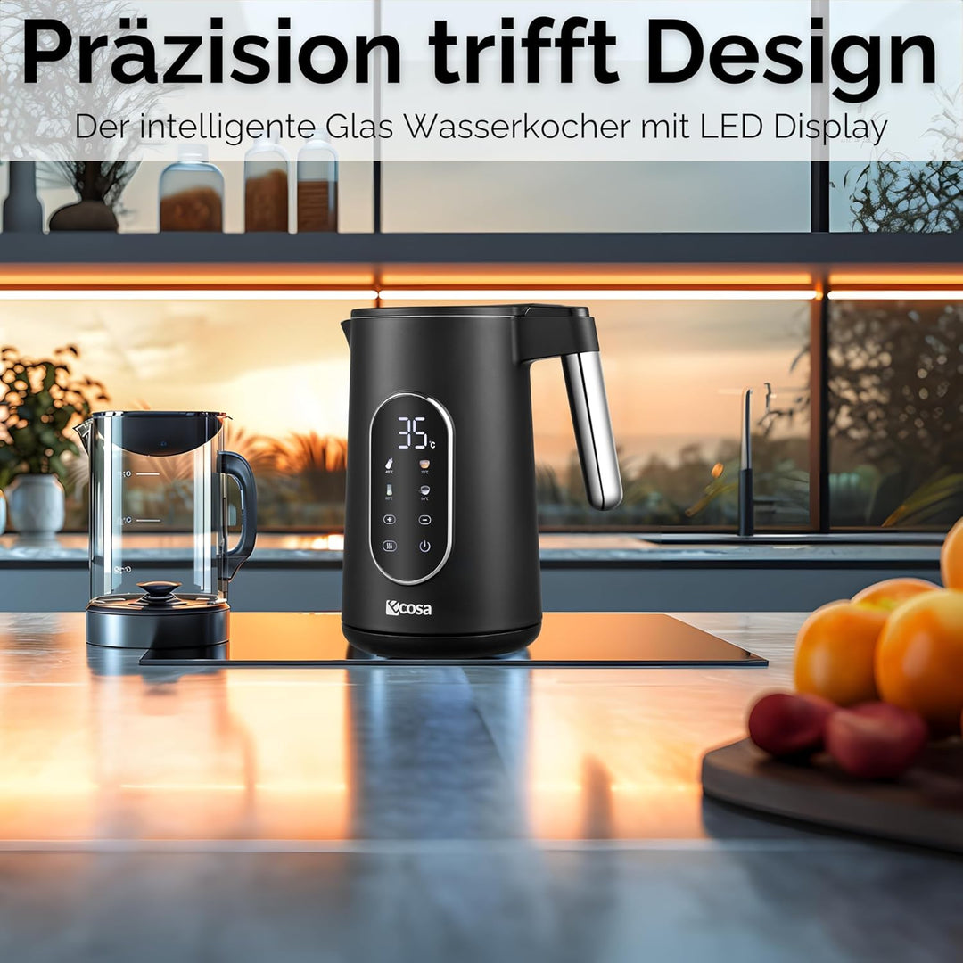 Wasserkocher Edelstahl mit Temperatureinstellung (40°C-100°C) 1,7 Liter 2200 Watt Teekocher 100% BPA
