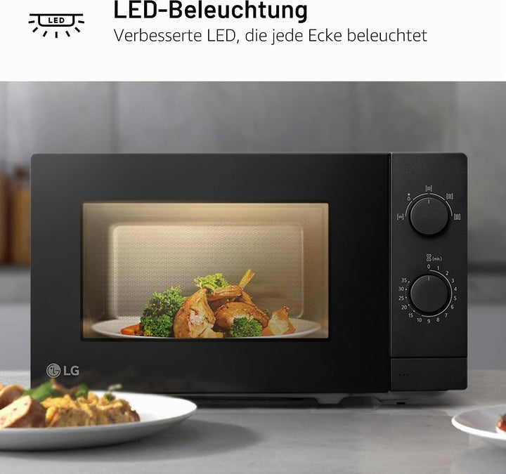 LG MS2082F Mikrowelle, 20 Liter, 700 W, Schwarz, 44,5 x 25,8 x 34,5 cm, mechanische Steuerung, 5 Lei