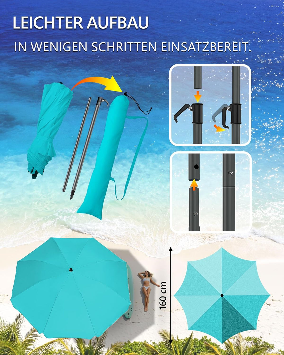 4smile Sonnenschirm Strand Ø 160 cm, Fb. Türkis - UPF 50+ Praktischer Reise Sonnenschirm für Koffer