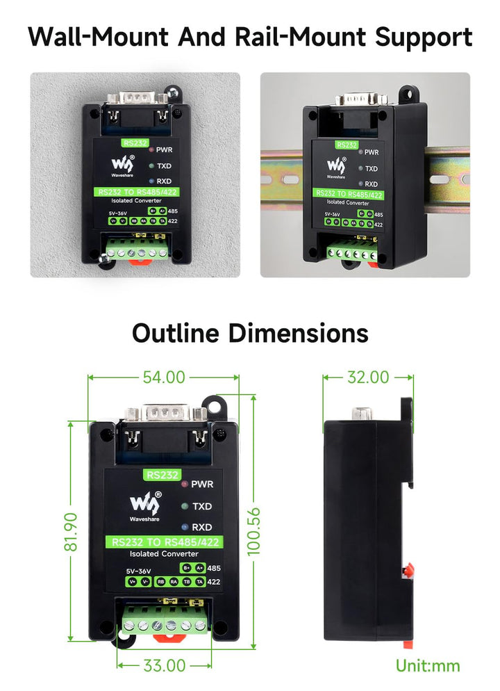 Waveshare RS232 To RS485/422 Active Digital Isolated Converter, Onboard SP3232EEN&SP485EEN Chip, RS2
