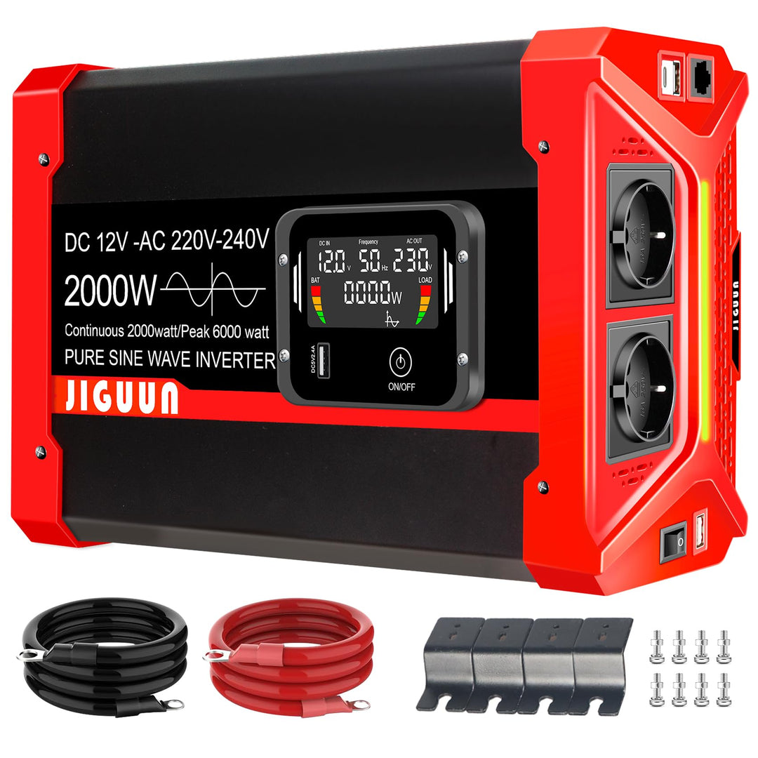 JIGUUN 2000W Wechselrichter Reiner Sinus Spannungswandler 12V 230V Inverter mit 2 EU Steckdosen& 2.4