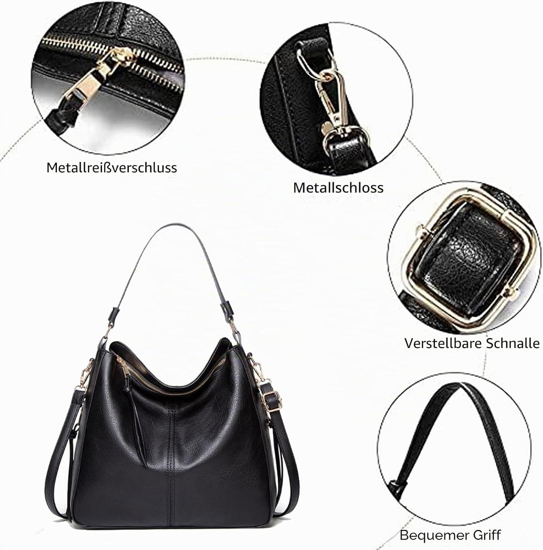 BestoU Handtasche Damen Schwarz Gross Leder Gross Tasche Umhängetasche Schultertasche Shopper Henkel