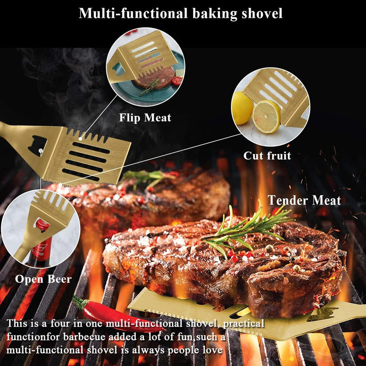 Kyraton Gold Grill Zubehör Kit 9 teilig, Grill Zubehör Set, Titan Gold Beschichtung Edelstahl mit Ba