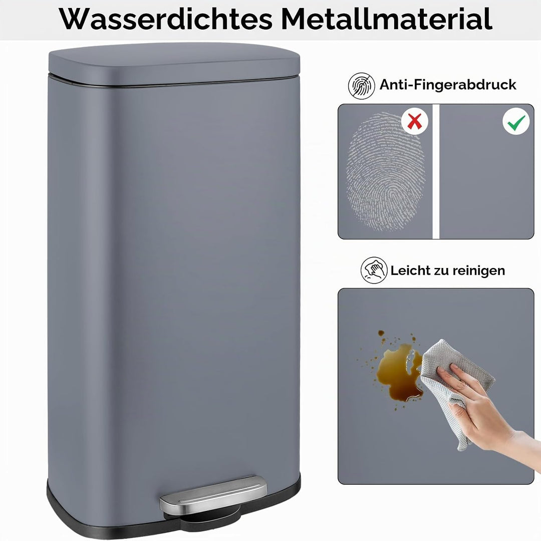 LIFERUN Mülleimer Küche 30l, Abfalleimer mit Deckel, Softclose Treteimer aus Stahl, mit Inneneimer f