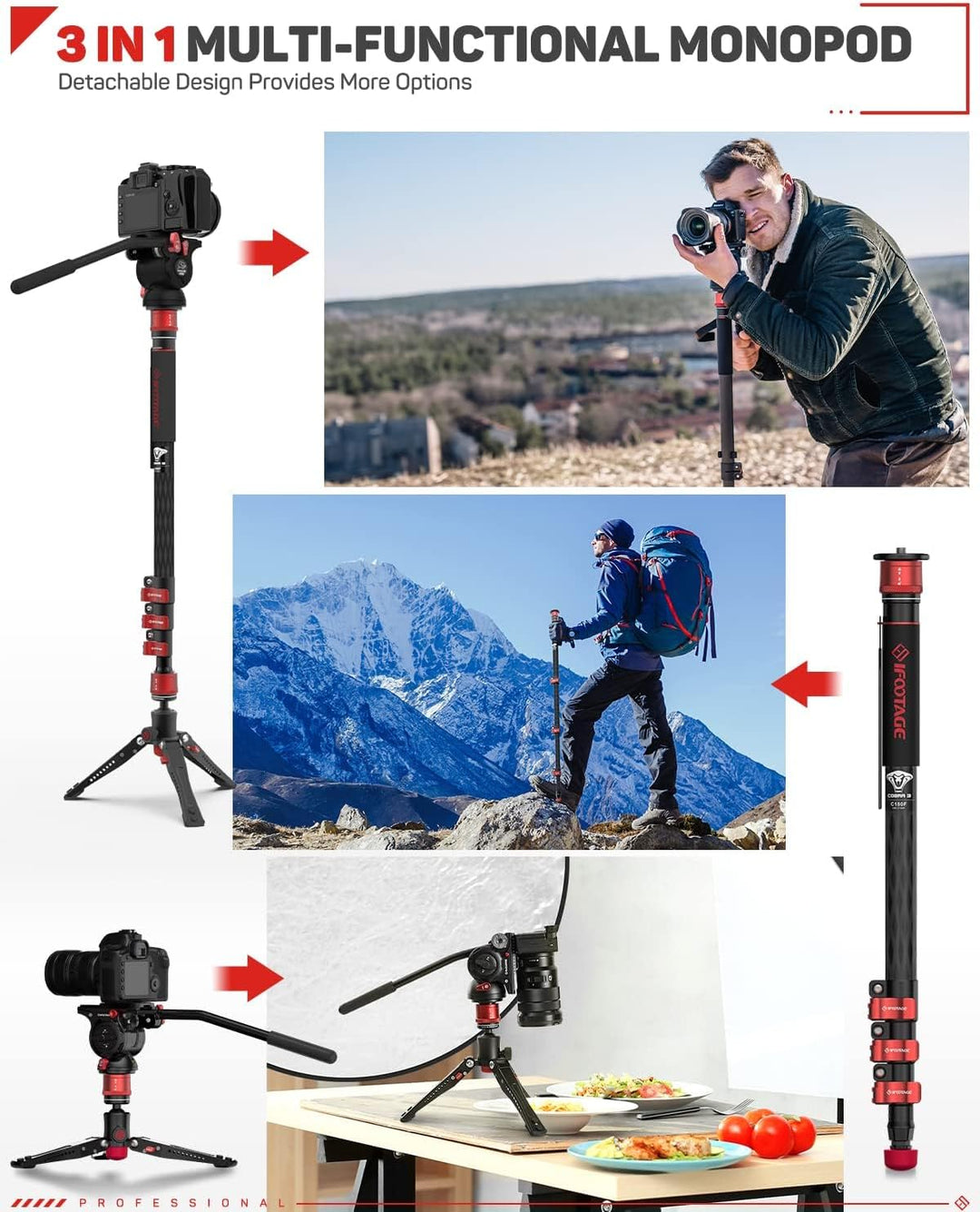IFOOTAGE Cobra 3 Einbeinstativ Kamera C180F mit Füssen, Mini-Stativ mit Metallschnalle, Kohlefaser,
