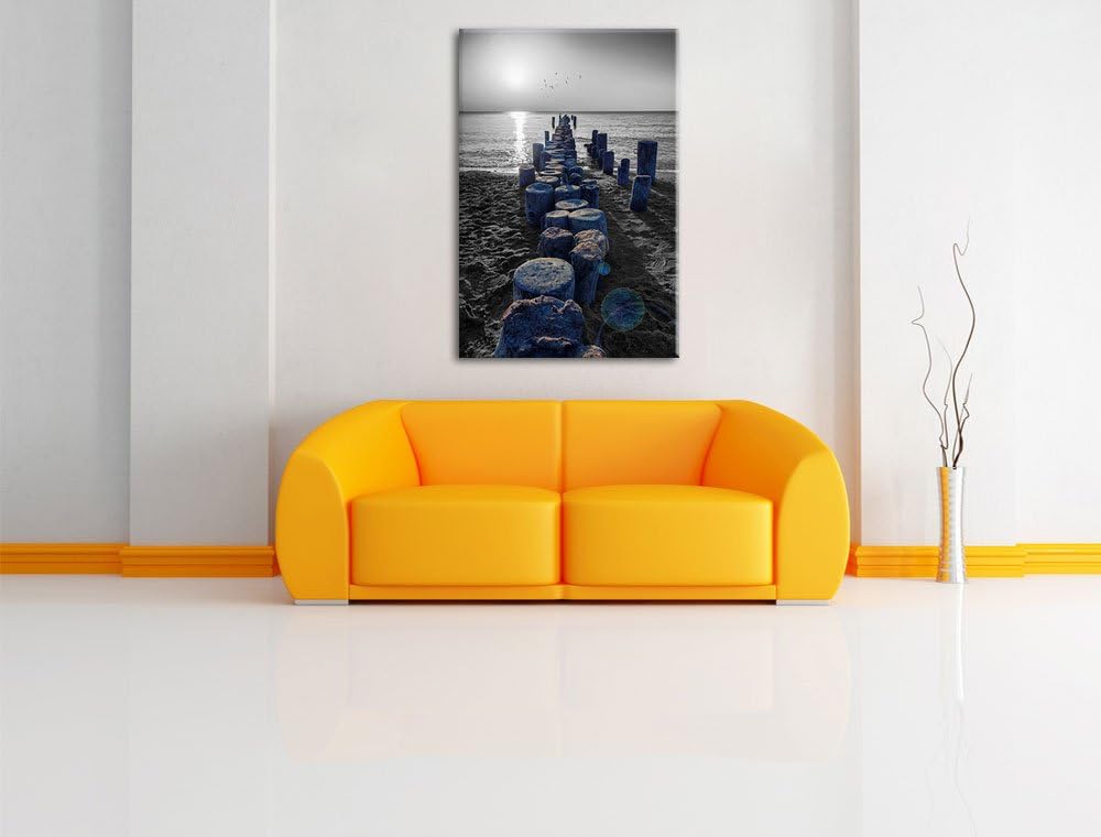 einzigartige Baumstümpfe am Meer schwarz/weiss Format: 100x70 auf Leinwand, XXL riesige Bilder ferti