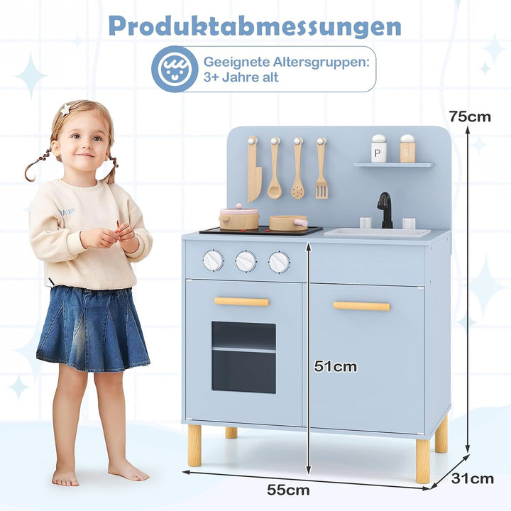 DREAMADE Kinderküche Holz mit 10 TLG. Zubehör, Kinder Küche mit Waschbecken Herd Backoffen, Mini Hol