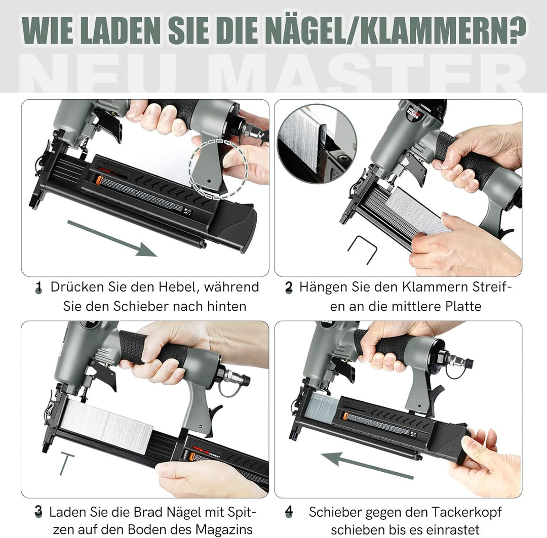NEU MASTER Druckluftnagler, 2 in1 Drucklufttacker mit Transportkoffer inkl. 800 Nägel und 200 Klamme