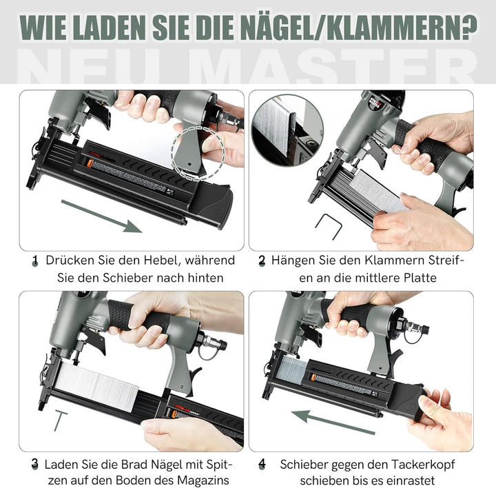 NEU MASTER Druckluftnagler, 2 in1 Drucklufttacker mit Transportkoffer inkl. 800 Nägel und 200 Klamme