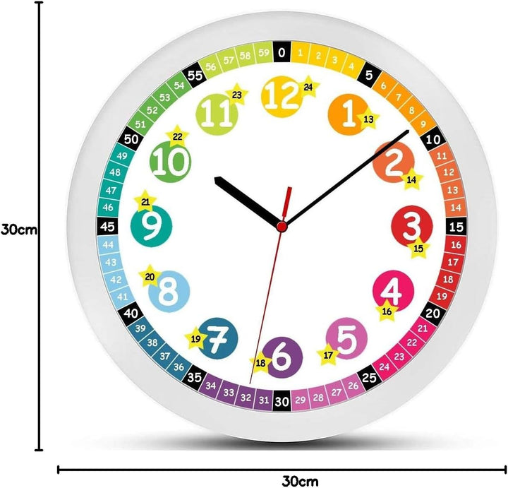 K&L Wall Art Lautlose Kinder Wanduhr Regenbogen Lernuhr für Mädchen und Jungen Kinderwanduhr 30cm Du