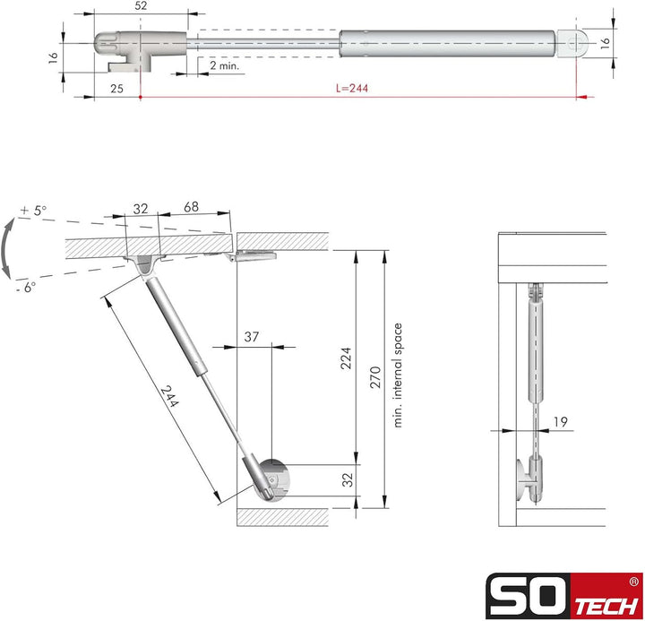 2er Set Italiana Ferramenta Gasdruckdämpfer KRABY lift up (60 Newton, 277 mm Gesamtlänge) Schranktür