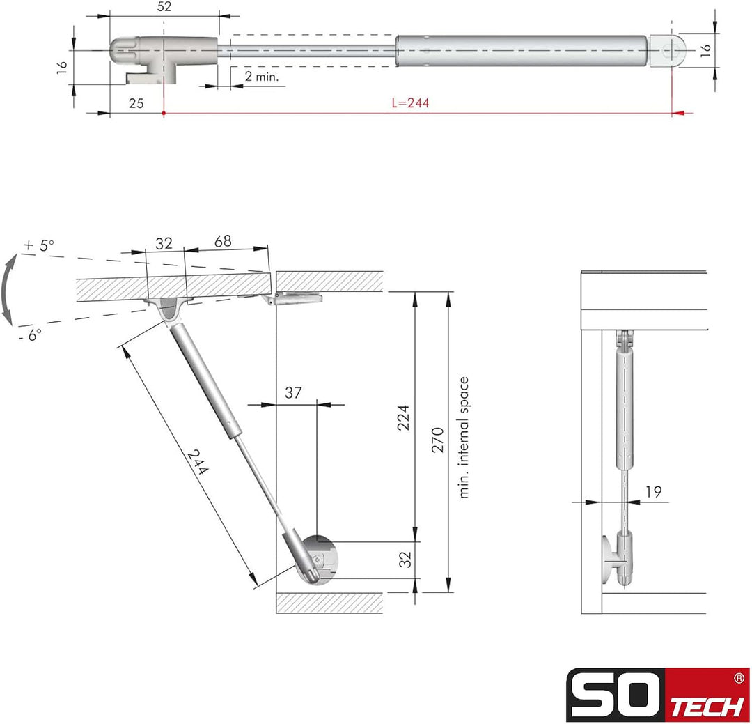 2er Set Italiana Ferramenta Gasdruckdämpfer KRABY lift up (90 Newton, 277 mm Gesamtlänge) Klappenbes