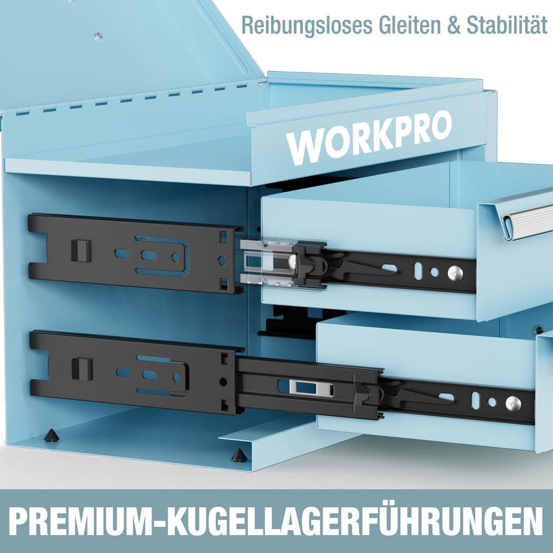 WORKPRO Metall Schubladenbox mit 2 Schubladen & Oberer Stauraum Hellblau, 27,5x15x20,8cm Tisch Organ