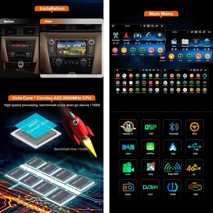 Erisin 8 Kern Android 14 DAB+ Autoradio 4GB+64GB Bluetooth Für BMW 3er E90 E91 E92 E93 M3 mit GPS Na