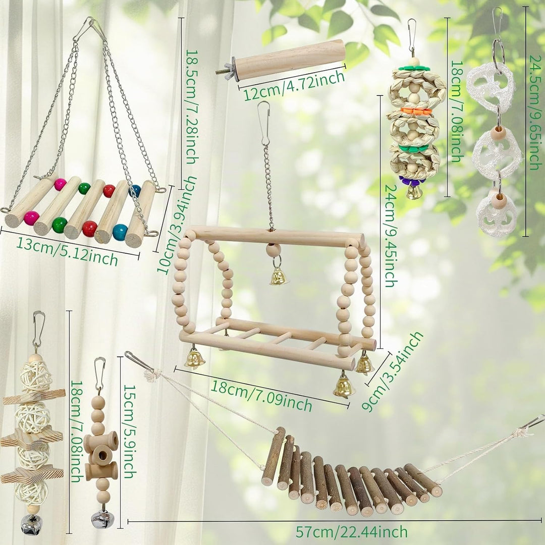 8er-Pack Holz-Vogelspielzeug, Papageien-Kaukau-Schaukel-Hängematte-Leiter mit Glocke, zum Aufhängen,