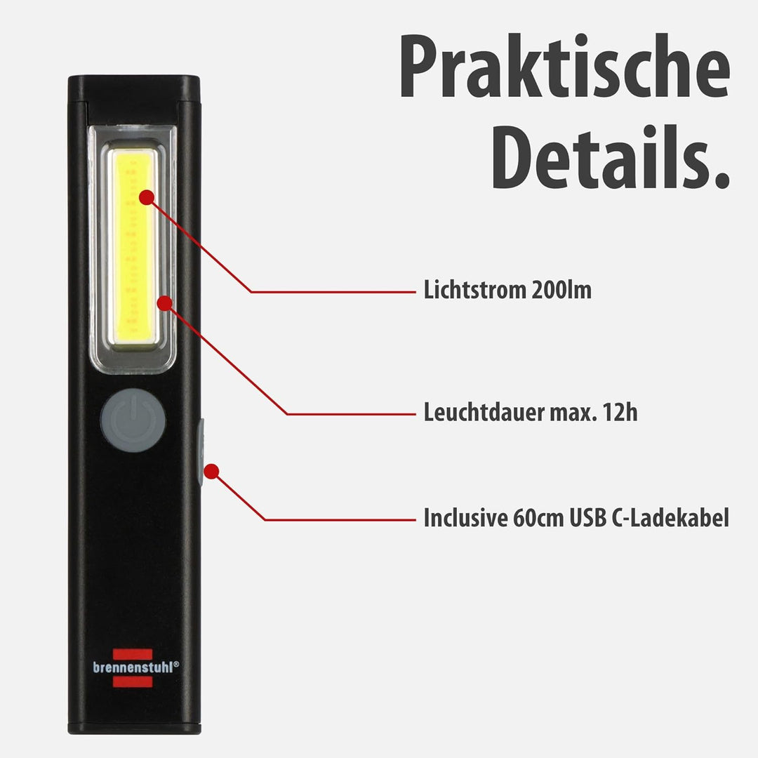 Brennenstuhl LED Akku Handleuchte PL 200 AC/LED Taschenlampe mit COB LED (200lm, inklusive USB C Lad