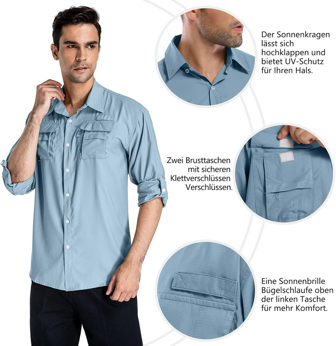 yeyity Outdoor Langarm Safari Hemd UPF50 UV Schutz Funktionshemd Atmungsaktiv Button Down Hemd für W