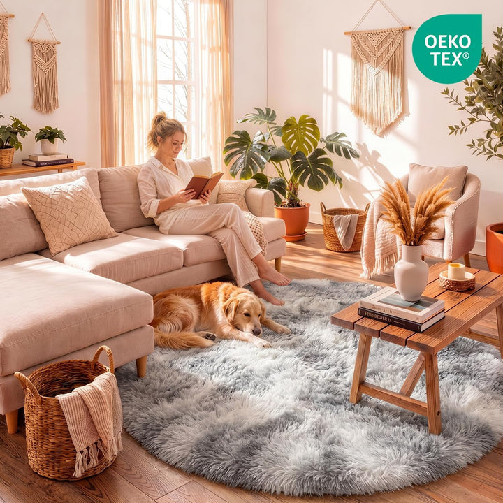Teppich Rund Wohnzimmer 150 cm Hellgrau Schlafzimmer Hochflor-Teppich Waschbarer Anti-Rutsch Weicher