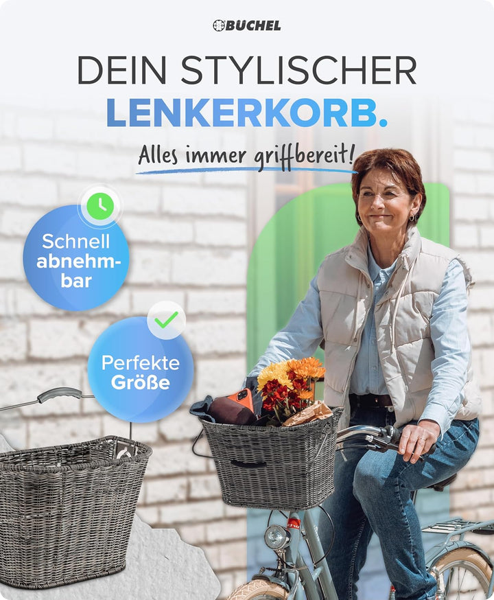 Büchel Fahrradkorb Vorne aus Polyrattan I mit innovativer Schnell-klick Halterung I Fahrrad Korb für