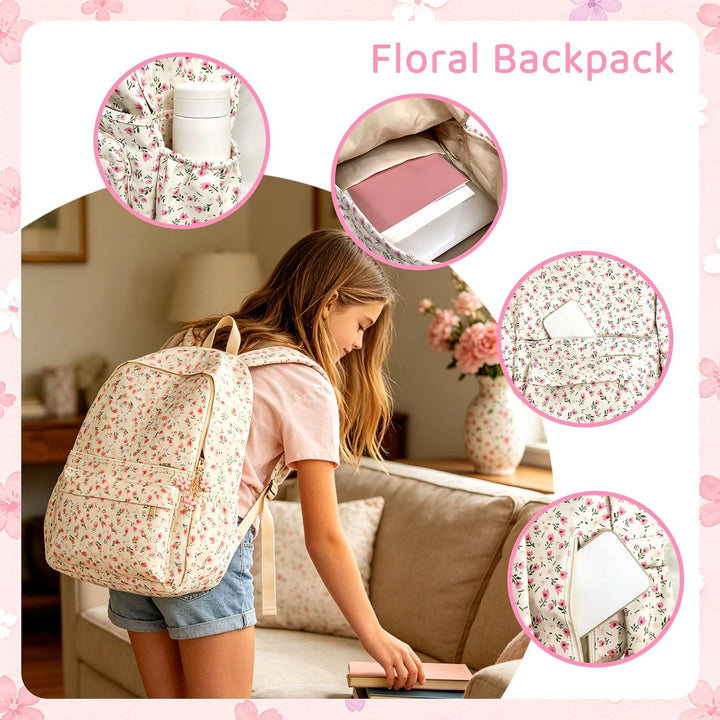 BACH AND BOUJEE Blumenmuster Rucksack mit Schleife Damen Laptop Rucksack leicht lässig für Teenager