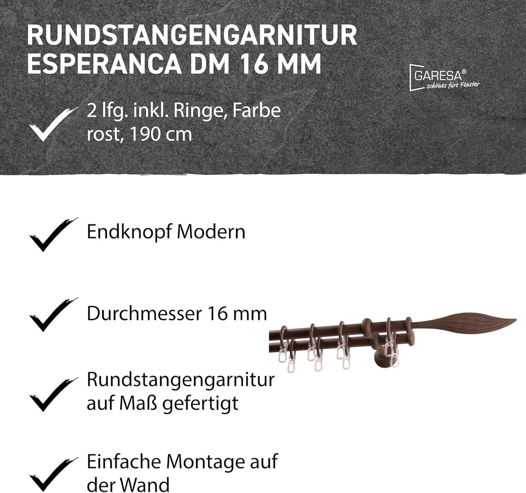 Garesa Gardinenstange Esperanca Ø 16mm, 2-läufig, Rost I Rustikale Vorhangstange inkl. Ringe + Falte