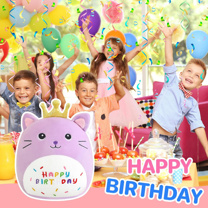 SQEQE Happy Birthday Stuffed Animal 10" Cat Soft Toys with Crown Cute Plush Pillow Cat Plush Toy for