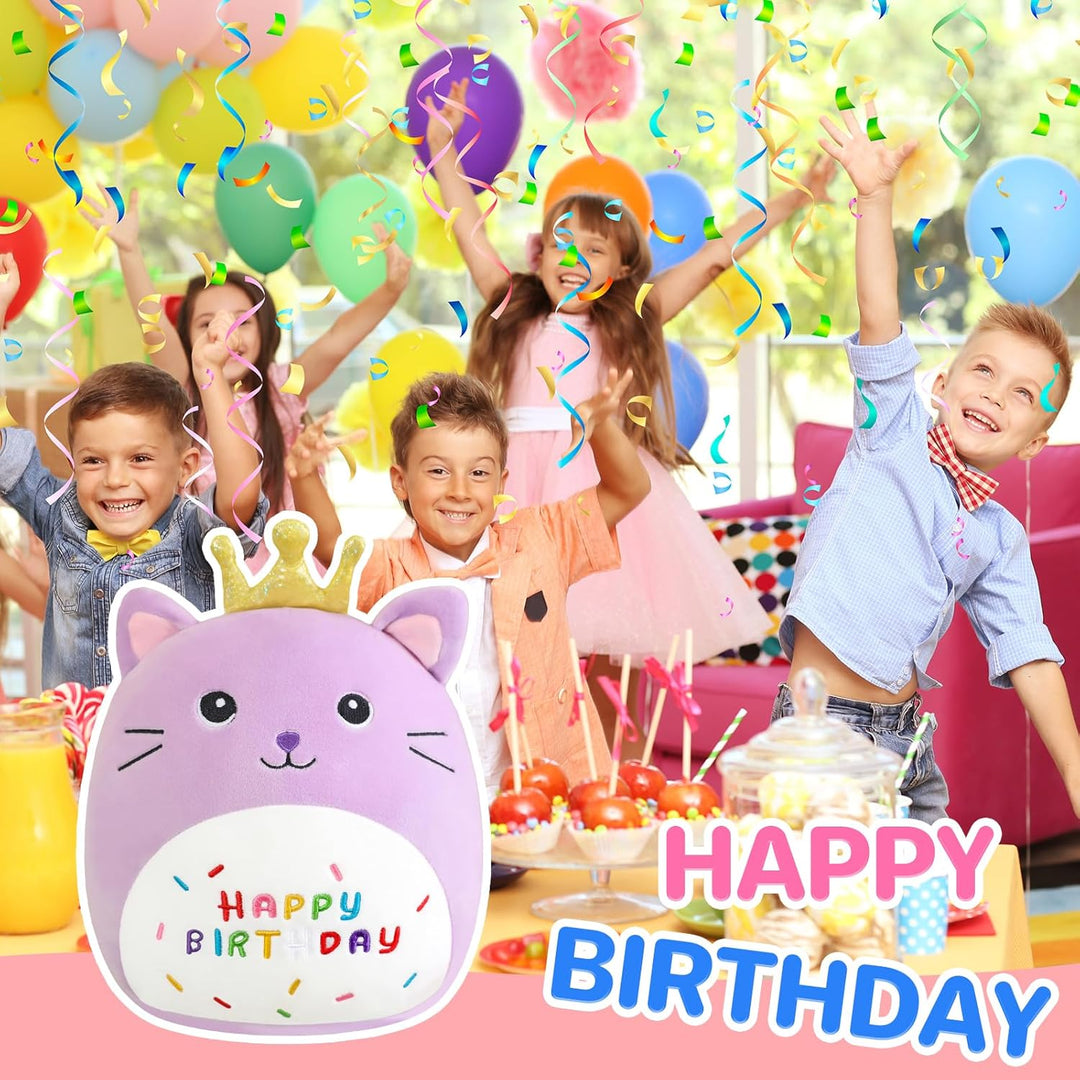 SQEQE Happy Birthday Stuffed Animal 10" Cat Soft Toys with Crown Cute Plush Pillow Cat Plush Toy for