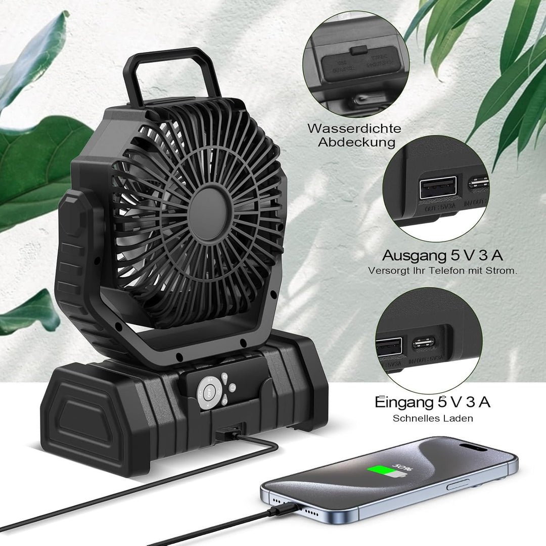 Camping Ventilator mit Akku 20000mAh – USB Tischventilator wiederaufladbar mit LED Licht, Fernbedien