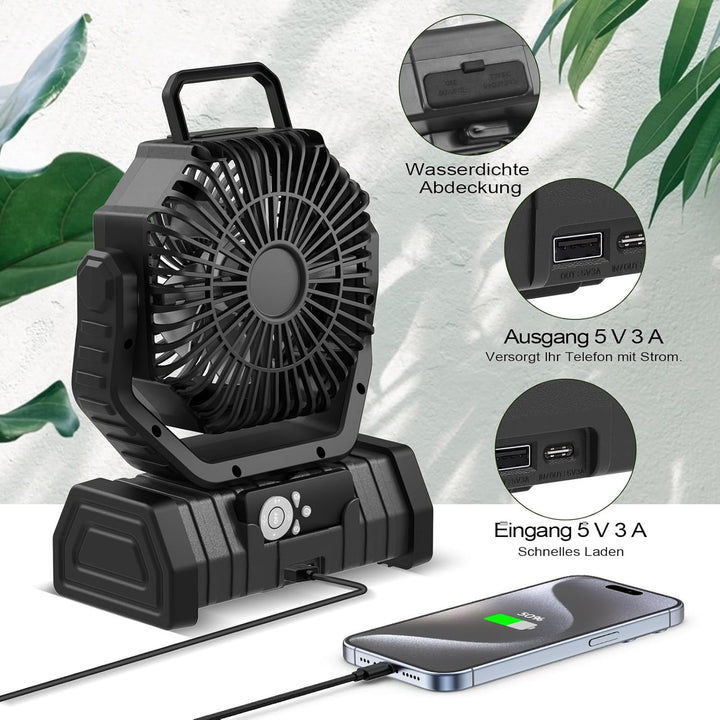 Camping Ventilator mit Akku 20000mAh – USB Tischventilator wiederaufladbar mit LED Licht, Fernbedien