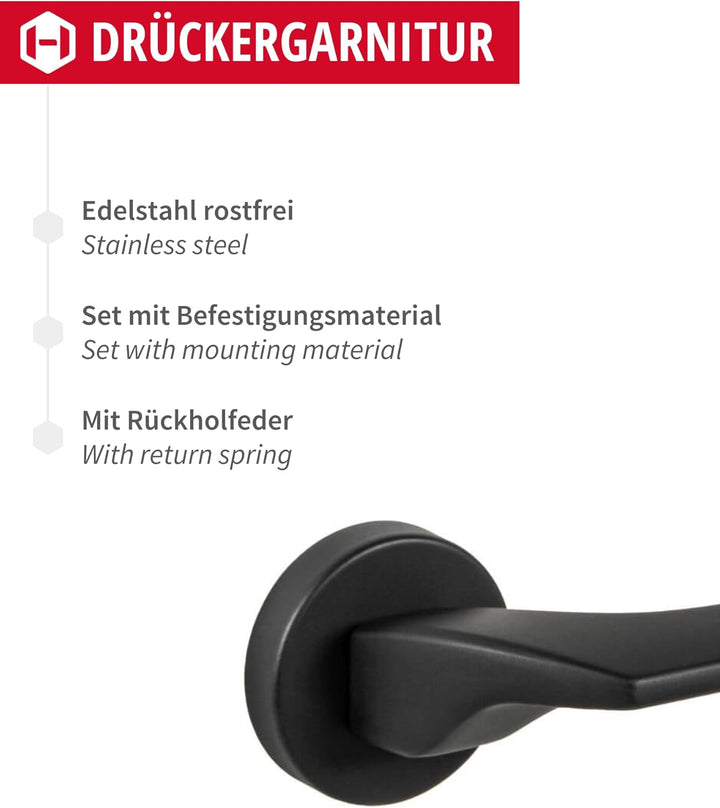 Gedotec Drückergarnitur aus Edelstahl | BB - Buntbart | Türklinke Schwarz matt | Made in ITALY | Tür